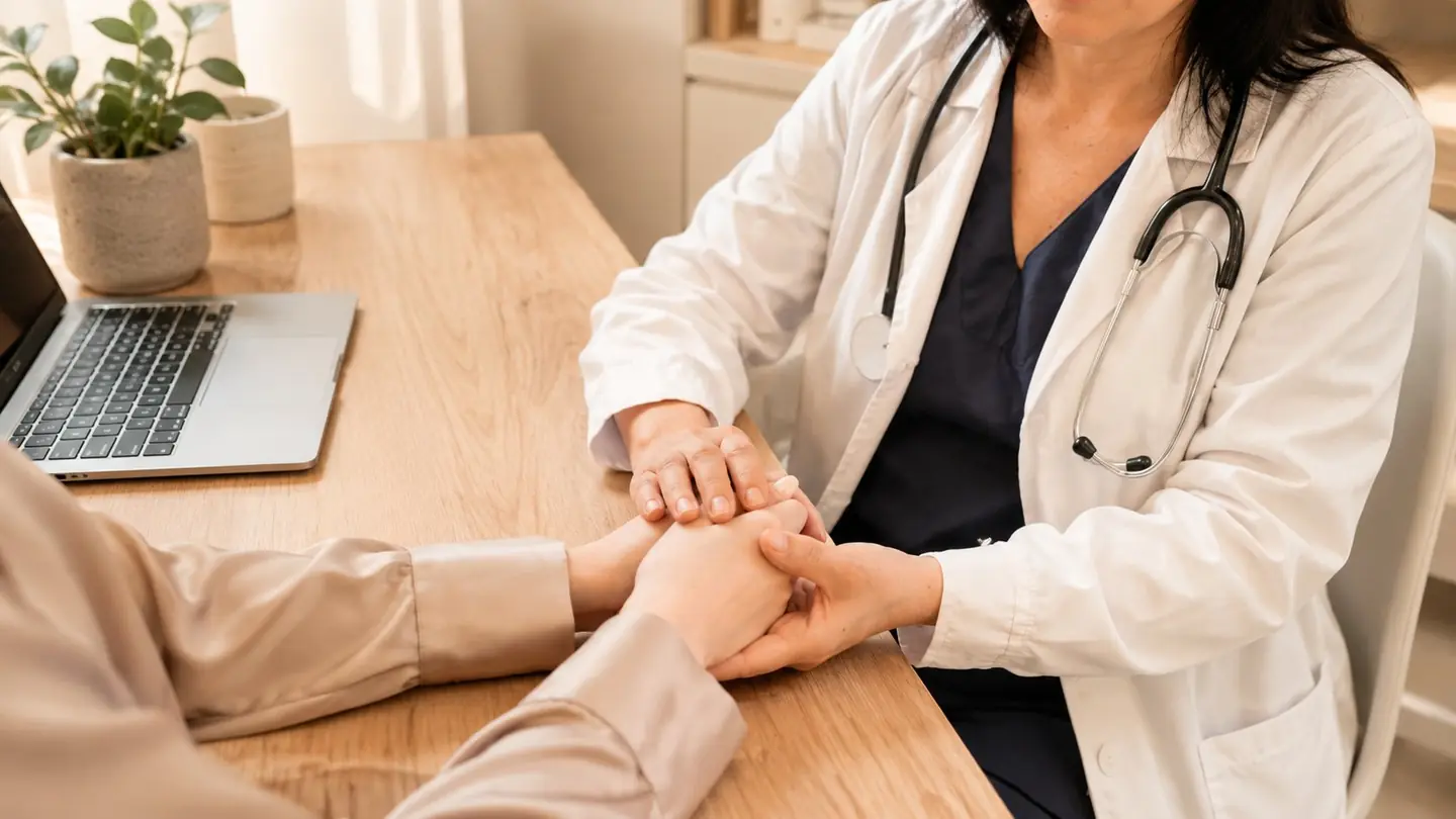 A doctor holding a patient's hands across a consulting desk