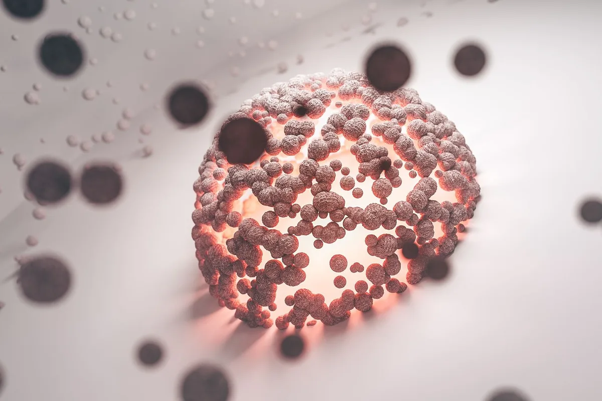 3D illustration of a cell surrounded by tiny vesicles