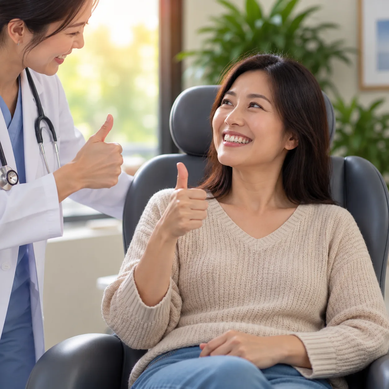 Smiling patient giving a thumbs-up to her doctor at Aton Clinic