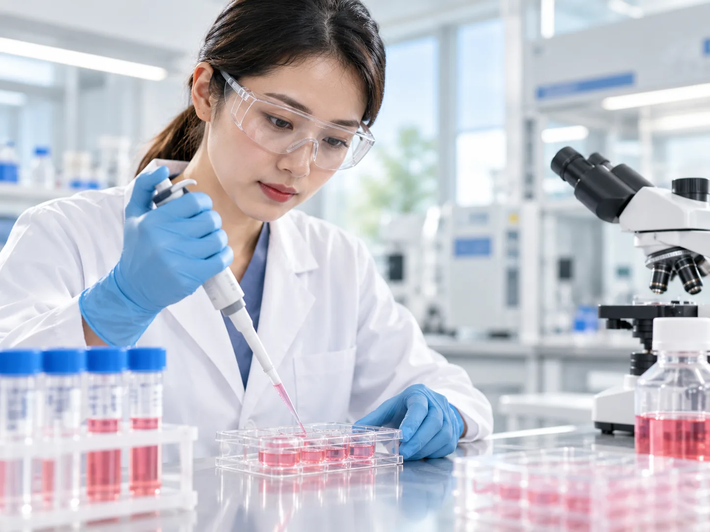A laboratory scientist pipetting cell culture medium into a well plate