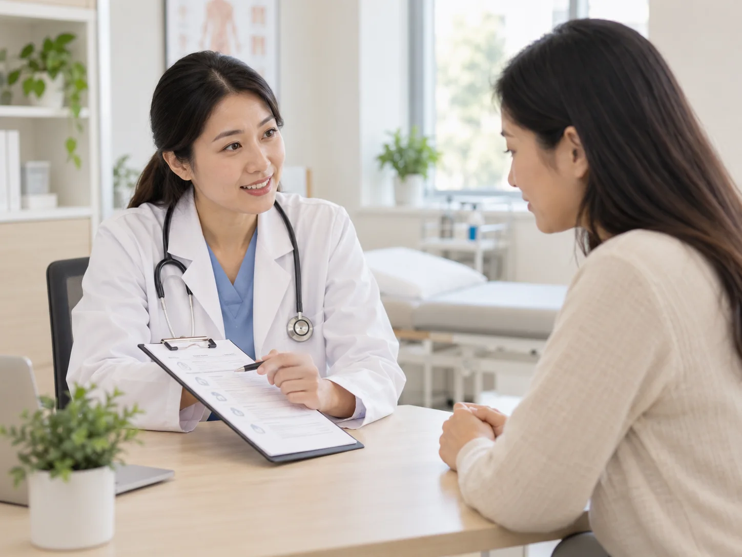 A doctor going through a patient's results with her in consultation